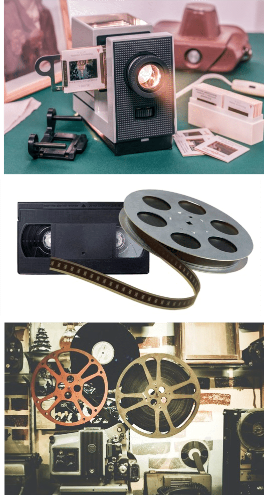 dias und dia-projektor mit vhs kassette und filmspule und filmprojektor