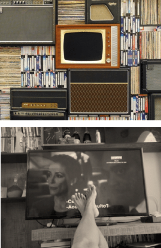 analoger tv schirm auf regal mit DVDs und Schallplatten und Blockbuster Radio